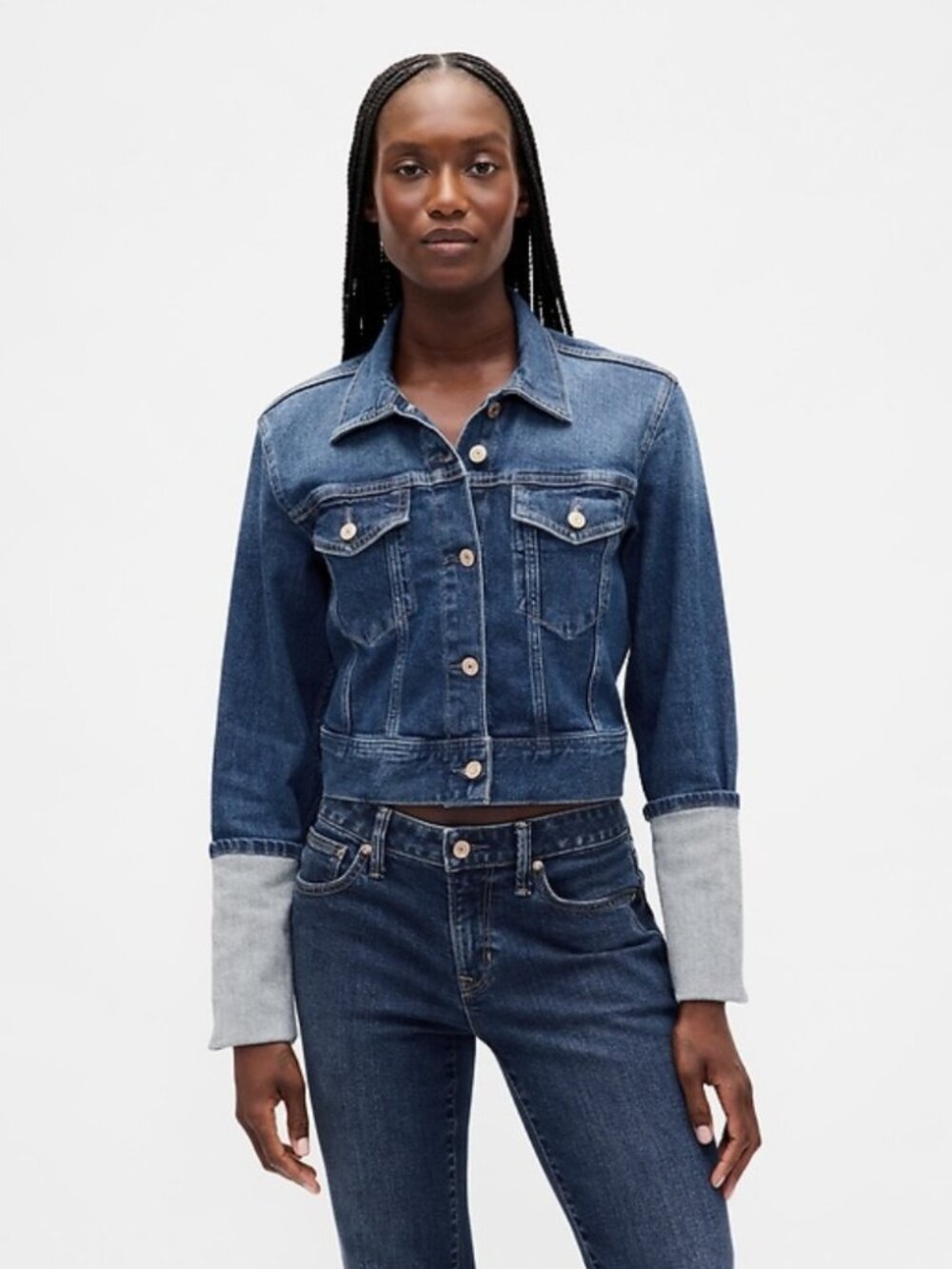 Gap Pin-Cuff Crop Icon Denim Jacket Medium Indigo Wash Cotton Womens Size M